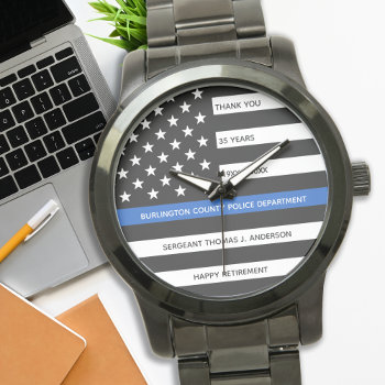 Police Retirement Gift Personalized Thin Blue Line Watch by BlackDogArtJudy at Zazzle