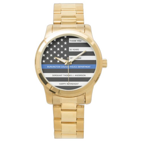 Police Retirement Gift Thin Blue Line Flag Gold Watch