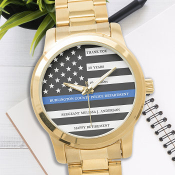 Police Retirement Gift Thin Blue Line Flag Gold Watch by BlackDogArtJudy at Zazzle