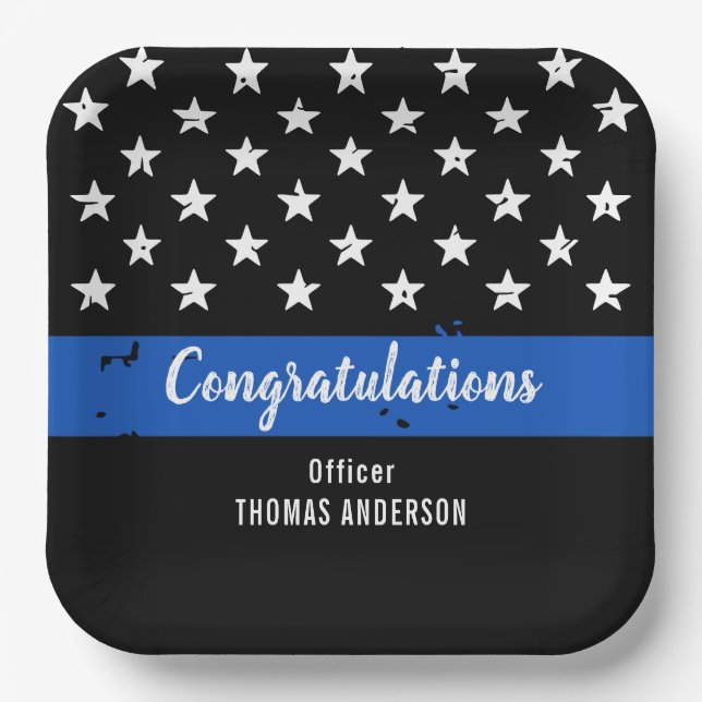 Police Retirement Graduation Party Thin Blue Line Paper Plates (Front)