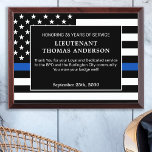 Police Retirement Law Enforcement Thin Blue Line Award Plaque<br><div class="desc">Celebrate and show your appreciation to an outstanding Police Officer with this Thin Blue Line Award - American flag design in Police Flag colors , modern black blue design. Personalize this police retirement award with officers name, text with law enforcement department name and community, and date of retirement. COPYRIGHT ©...</div>