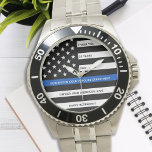 Police Retirement Modern Years Thin Blue Line Watch<br><div class="desc">Celebrate and show your appreciation to an outstanding Police Officer with this Thin Blue Line Retirement or Anniversary Police Pocket Watch - American flag design in Police Flag colors in a modern black an blue design . Perfect for service awards and Police Retirement gifts . Personalize this police retirement watch...</div>