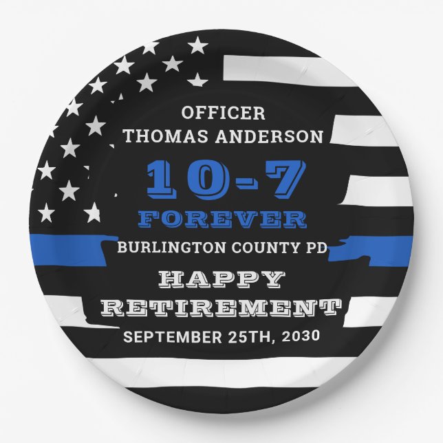Police Retirement Party Personalize Thin Blue Line Paper Plates (Front)