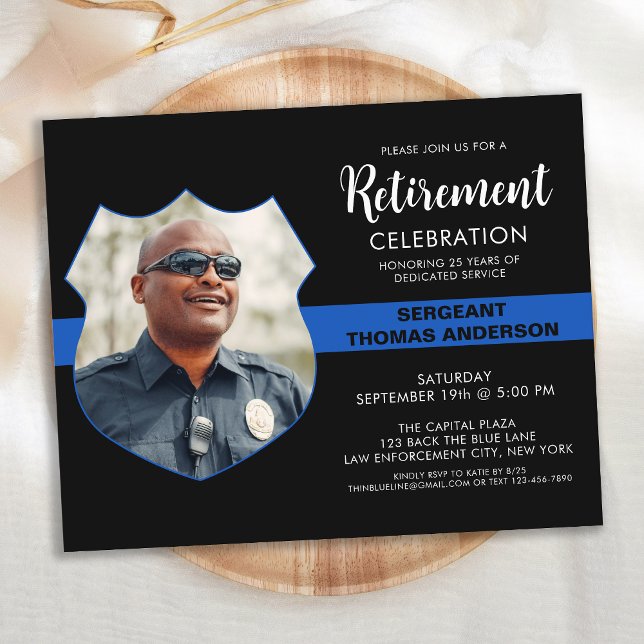 Police Retirement Party Photo Thin Blue Line  Invitation Postcard (Creator Uploaded)