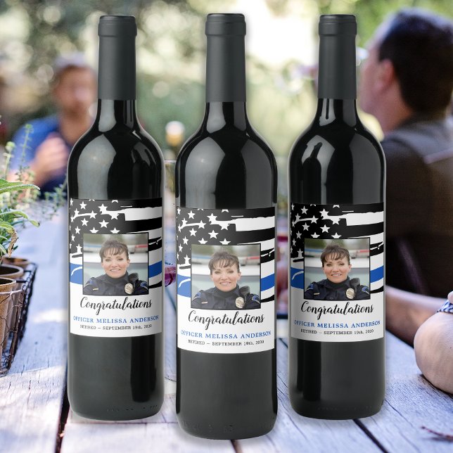 Police Retirement Party Photo Thin Blue Line Wine Label (Creator Uploaded)