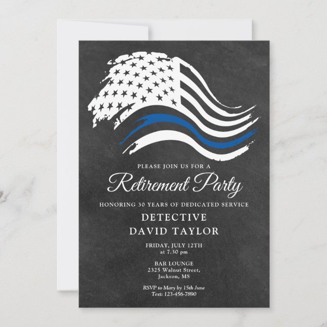 Police Retirement Party Thin Blue Line Chalkboard Invitation (Front)
