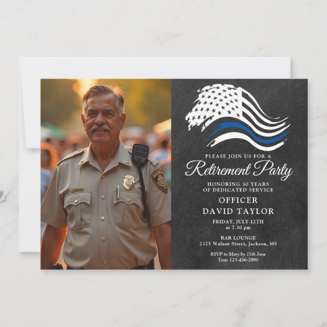 Police Retirement Party Thin Blue Line Flag Photo Invitation (Front)