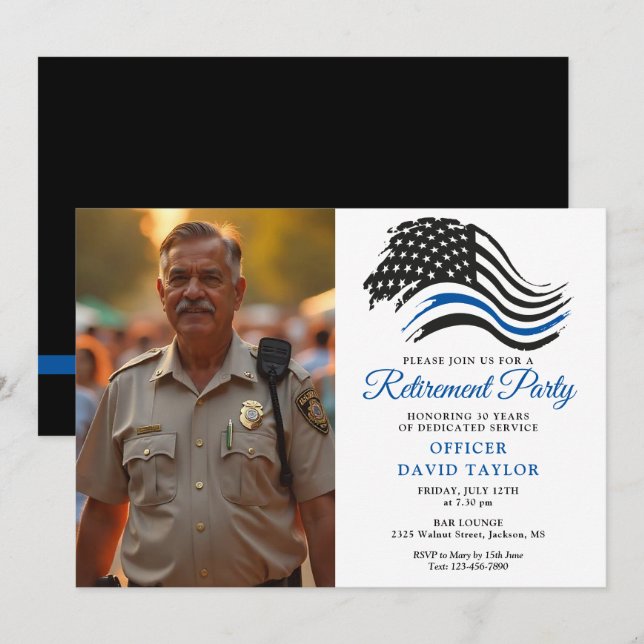 Police Retirement Party Thin Blue Line Flag Photo Invitation (Front/Back)
