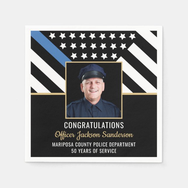 Police Retirement Party Thin Blue Line Flag Photo Napkins (Front)