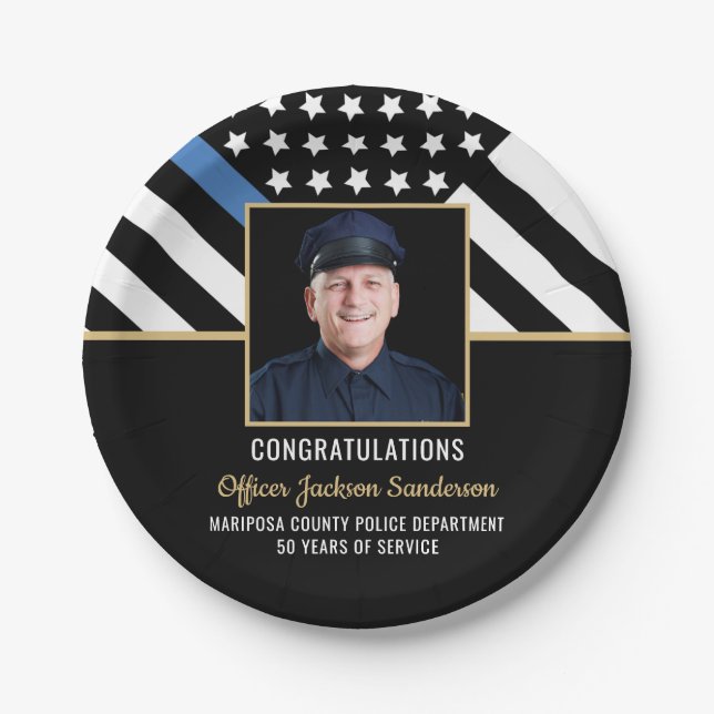 Police Retirement Party Thin Blue Line Flag Photo Paper Plates (Front)