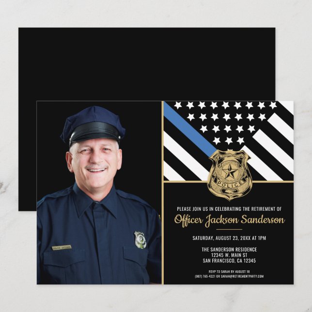 Police Retirement Party Thin Blue Line Photo  Invitation (Front/Back)
