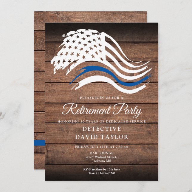 Police Retirement Party Thin Blue Line Rustic Invitation (Front/Back)