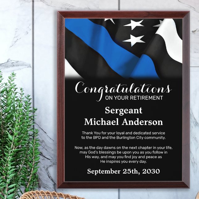 Police Retirement Personalized Thin Blue Line Award Plaque (Creator Uploaded)