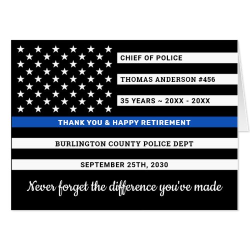 Police Retirement Personalized Thin Blue Line Flag Card