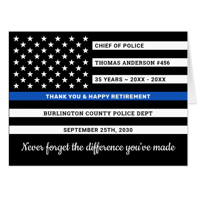 Police Retirement Personalized Thin Blue Line Flag Card (Front Horizontal)