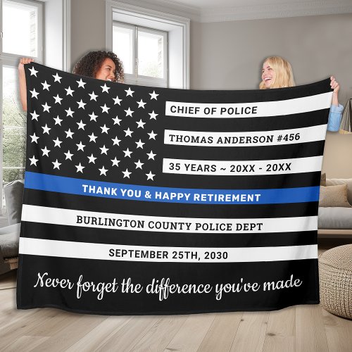 Police Retirement Personalized Thin Blue Line Flag Fleece Blanket