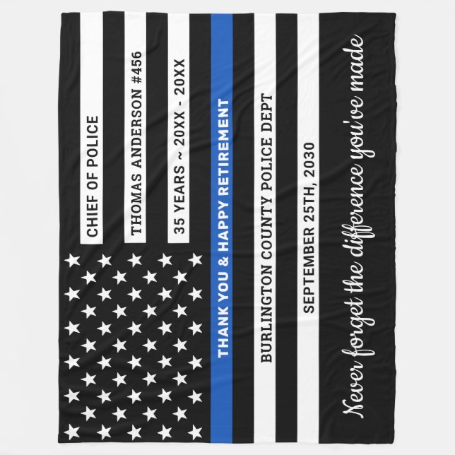 Police Retirement Personalized Thin Blue Line Flag Fleece Blanket (Front)