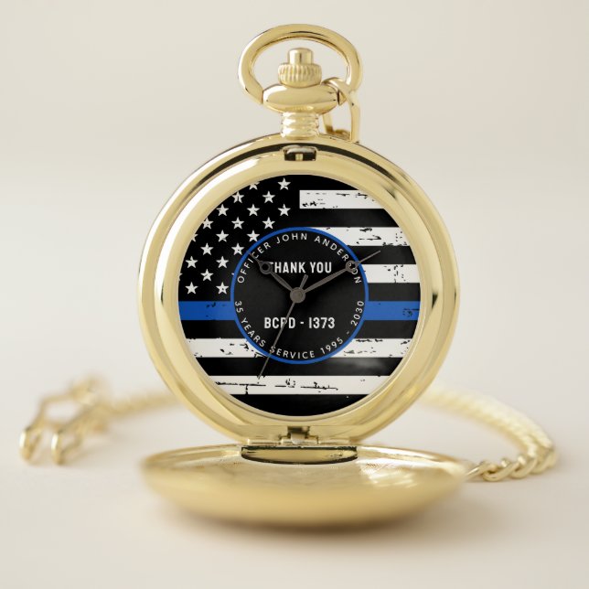 Police Retirement Personalized Thin Blue Line Flag Pocket Watch (Inside)