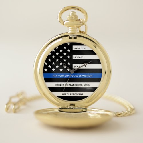 Police Retirement Personalized Thin Blue Line Flag Pocket Watch