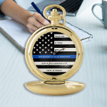 Police Retirement Personalized Thin Blue Line Flag Pocket Watch<br><div class="desc">Celebrate and show your appreciation to an outstanding Police Officer with this Thin Blue Line Retirement or Anniversary Police Pocket Watch - American flag design in Police Flag colors in a modern black an blue design . Perfect for service awards and Police Retirement gifts . Personalize this police retirement watch...</div>