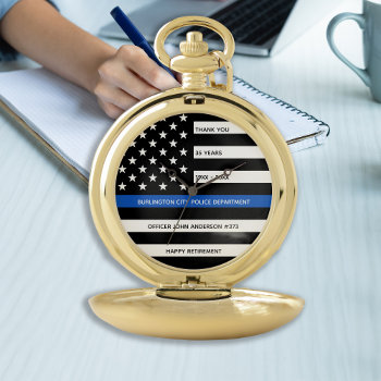 Police Retirement Personalized Thin Blue Line Flag Pocket Watch by BlackDogArtJudy at Zazzle