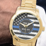 Police Retirement Personalized Thin Blue Line Flag Watch<br><div class="desc">Celebrate and show your appreciation to an outstanding Police Officer with this Thin Blue Line Police Retirement Watch - American flag design in Police Flag colors , distressed design . Perfect for service awards and Police Retirement gifts, police anniversary from the police department . Personalize with police officers name, years...</div>
