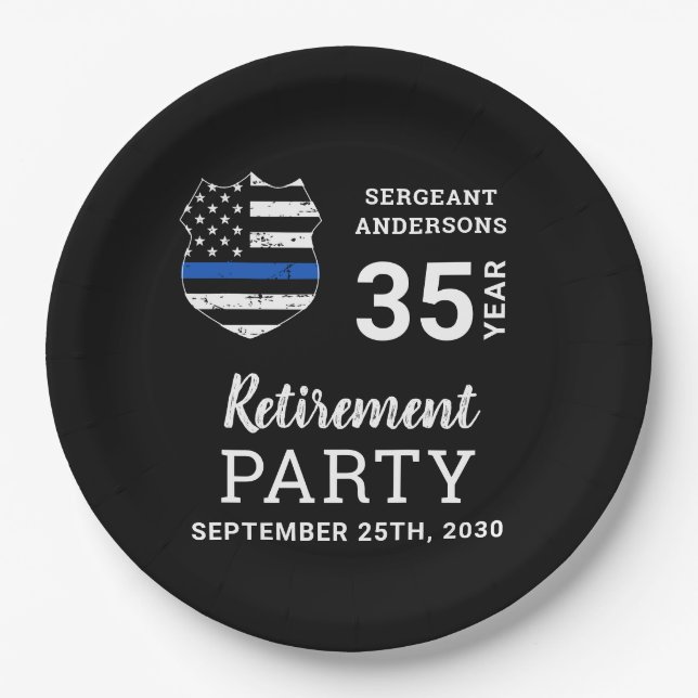 Police Retirement Personalized Thin Blue Line Paper Plates (Front)