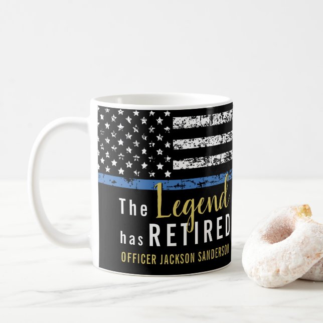 Police Retirement Thin Blue Line American Flag Coffee Mug (With Donut)
