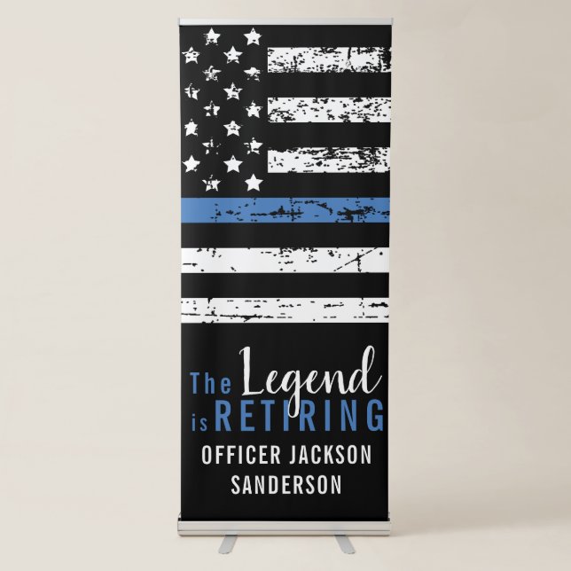 Police Retirement Thin Blue Line American Flag Retractable Banner (Front)