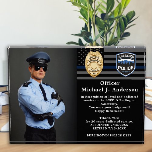 Police Retirement Thin Blue Line Custom Photo Acrylic Award