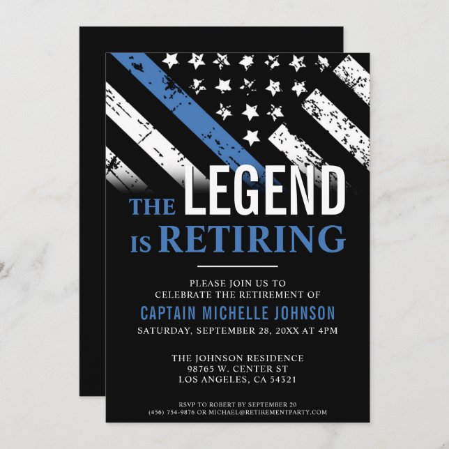 Police Retirement Thin Blue Line Flag Party Invitation (Front/Back)