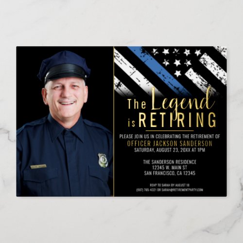 Police Retirement Thin Blue Line Flag Photo Foil Invitation