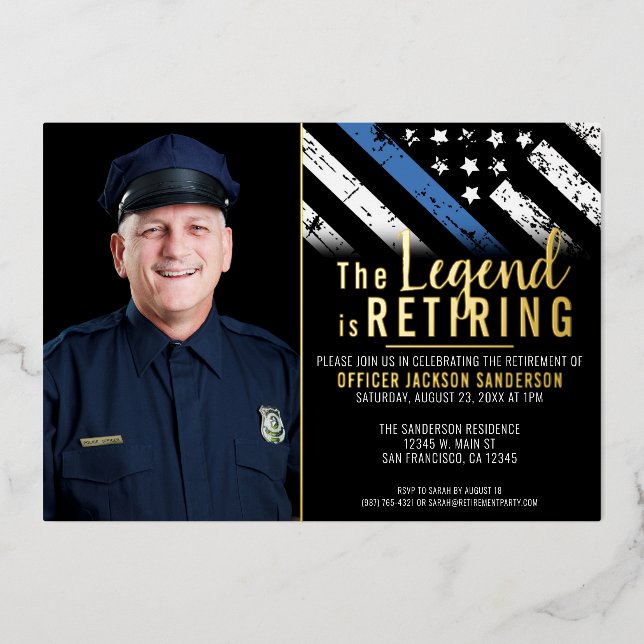 Police Retirement Thin Blue Line Flag Photo Foil Invitation (Front)