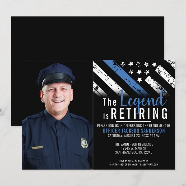 Police Retirement Thin Blue Line Flag Photo Invitation (Front/Back)
