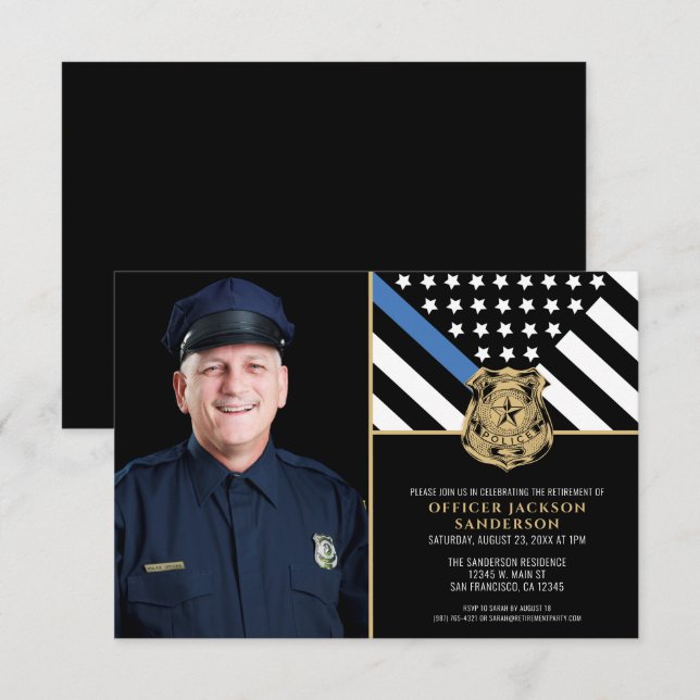 Police Retirement Thin Blue Line Flag Photo Invitation (Front/Back)