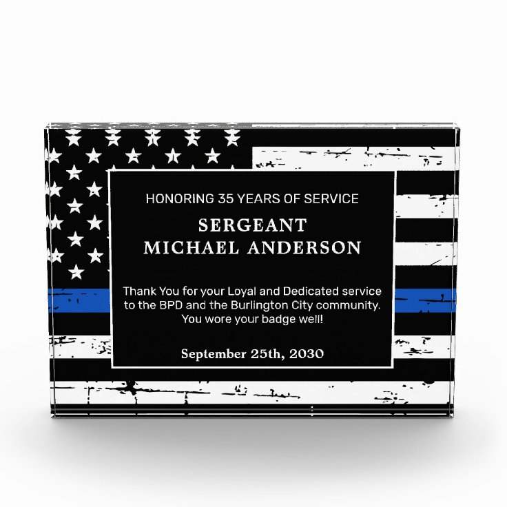 Police Retirement Thin Blue Line Law Enforcement Acrylic Award | Zazzle