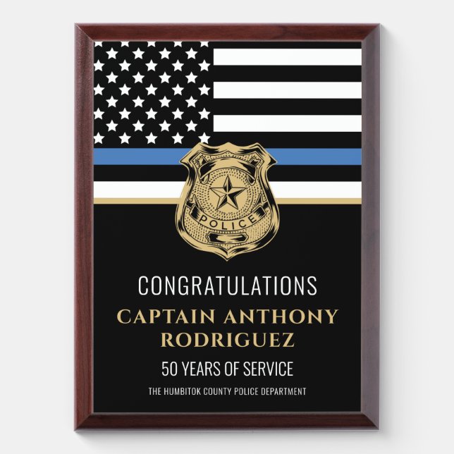 Police Retirement Thin Blue Line Law Enforcement Award Plaque (Vertical)
