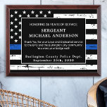 Police Retirement Thin Blue Line Law Enforcement Award Plaque<br><div class="desc">Celebrate and show your appreciation to an outstanding Police Officer with this Thin Blue Line Award - American flag design in Police Flag colors , distressed design. Personalize this police retirement award with officers name, text with law enforcement department name and community, and date of retirement. COPYRIGHT © 2020 Judy...</div>