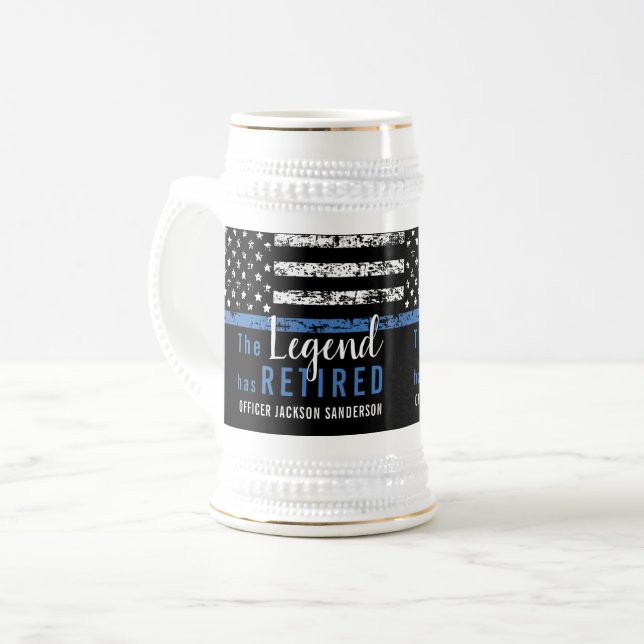 Police Retirement Thin Blue Line Law Enforcement Beer Stein (Front Left)