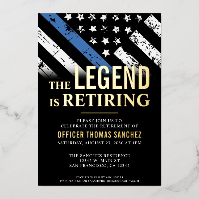 Police Retirement Thin Blue Line Law Enforcement Foil Invitation (Front)