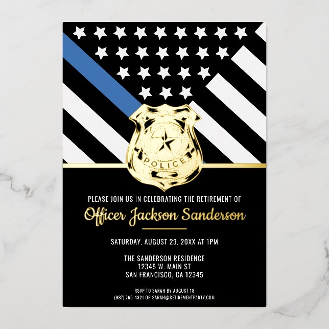 Police Retirement Thin Blue Line Law Enforcement Foil Invitation (Front)