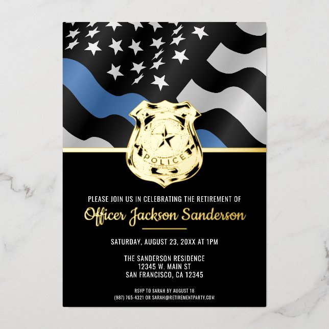 Police Retirement Thin Blue Line Law Enforcement Foil Invitation (Front)