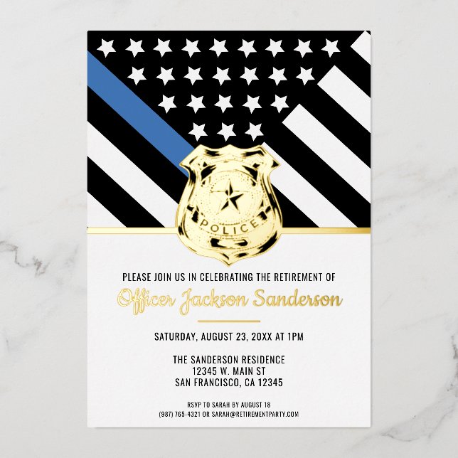 Police Retirement Thin Blue Line Law Enforcement Foil Invitation (Front)