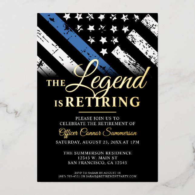 Police Retirement Thin Blue Line Law Enforcement Foil Invitation (Front)