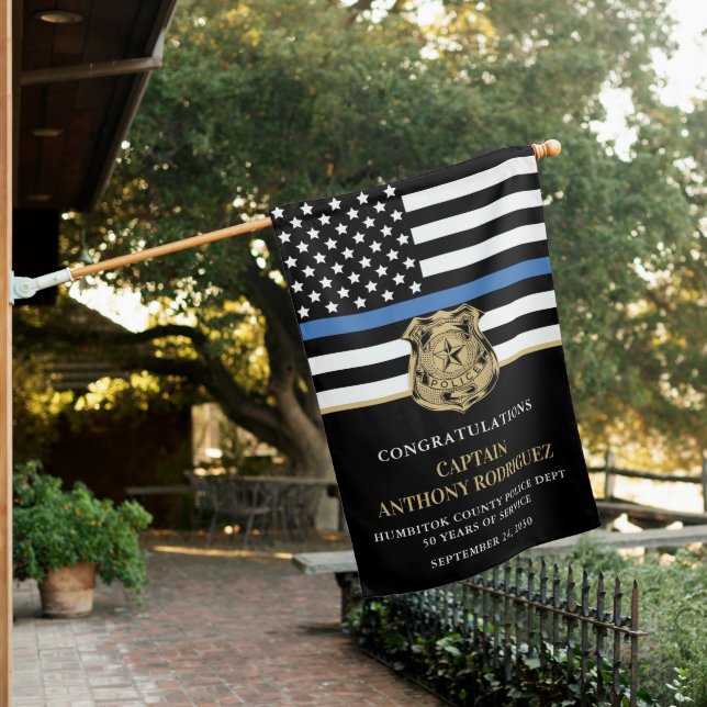 Police Retirement Thin Blue Line Law Enforcement House Flag (In SItu)