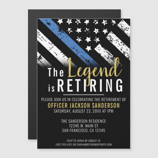 Police Retirement Thin Blue Line Law Enforcement Magnetic Invitation (Front/Back)