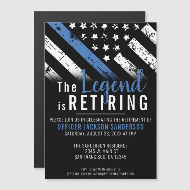 Police Retirement Thin Blue Line Law Enforcement Magnetic Invitation (Front/Back)