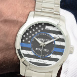 Police Retirement Thin Blue Line Law Enforcement Watch<br><div class="desc">Celebrate and show your appreciation to an outstanding Police Officer with this Thin Blue Line Law Enforcement Retirement Watch - American flag design in Police Flag colors , distressed design . Perfect for service awards and Police Retirement gifts, police anniversary from the police department . Personalize with police officers name,...</div>