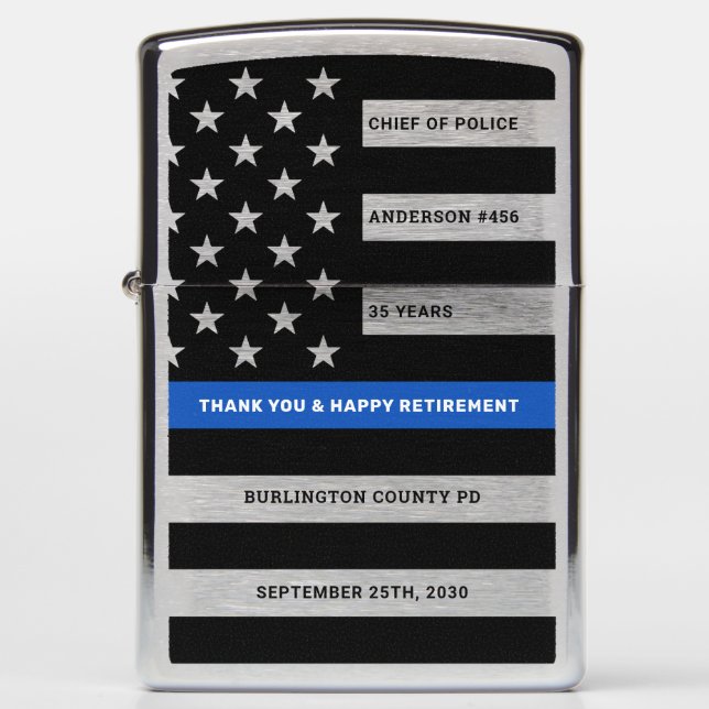 Police Retirement Thin Blue Line Law Enforcement Zippo Lighter (Front)