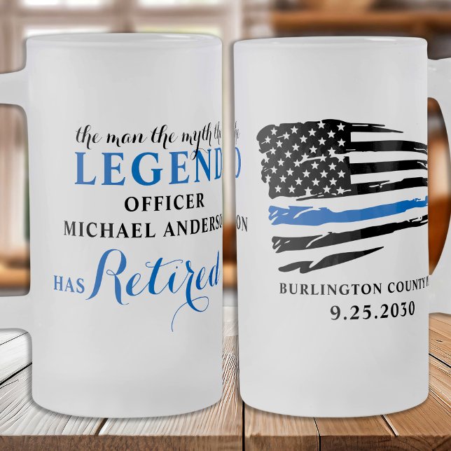 Police Retirement Thin Blue Line Personalized Frosted Glass Beer Mug (Creator Uploaded)